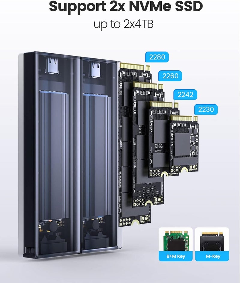 Orico حاوية SSD مزدوجة M.2 NVMe، محول USB C إلى M2 لمفتاح M PCIe 2230/2242/2260/2280 SSDs، تركيب بدون أدوات، قارئ SSD من الألمنيوم يدعم Trim و UASP حتى 2x4TB-BM2-2N - Image 3